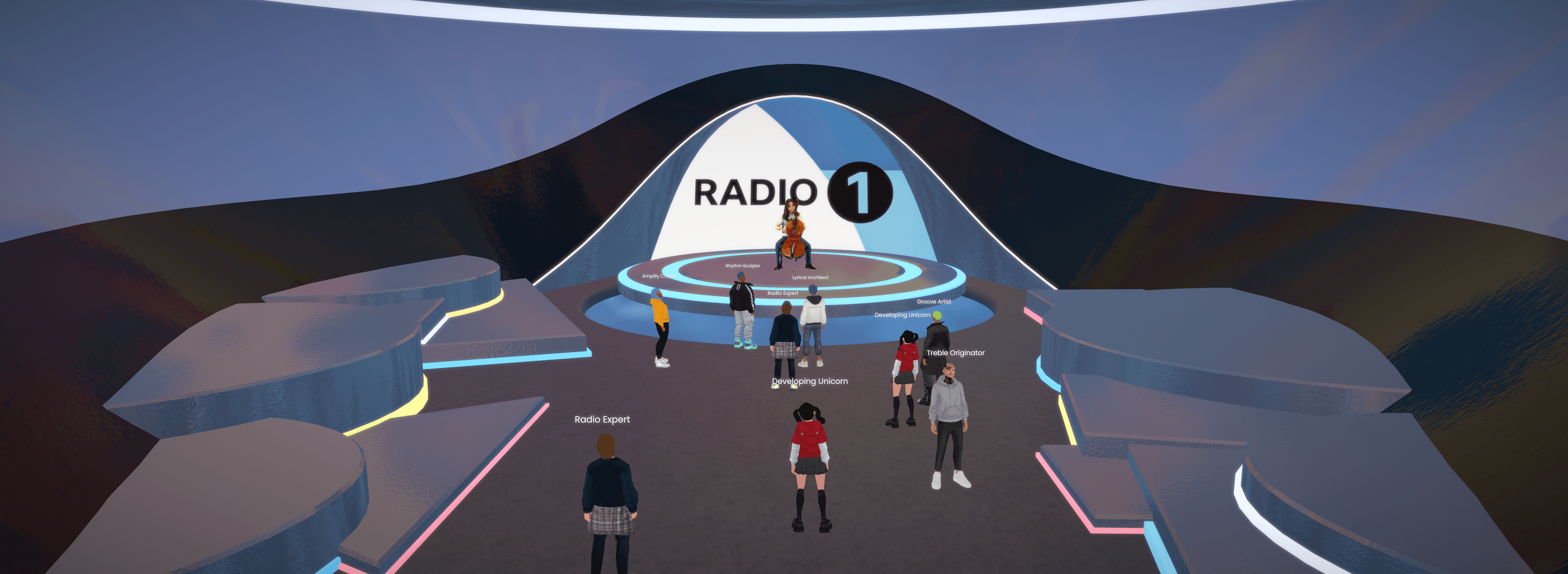 Virtual guests watching a volumetric stream of an artist playing cello live. The stage is a floating disc in a ethereal space with the BBC Radio 1 logo in the background.