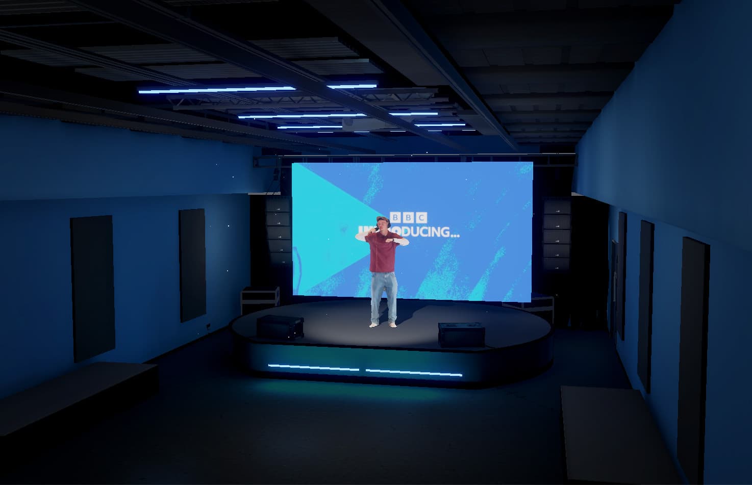 A volumetric stream of an artist playing guitar. The stage is a floating disc in a brightly coloured, ethereal space with the BBC Radio 1 logo in the background and the title "Future Pop Portal".