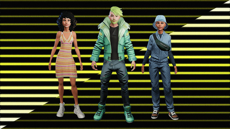 An example of a customised player avatar wearing a yellow puffer jacket, plain black shirt and cream joggers with the biohazard symbol in various places on them. 