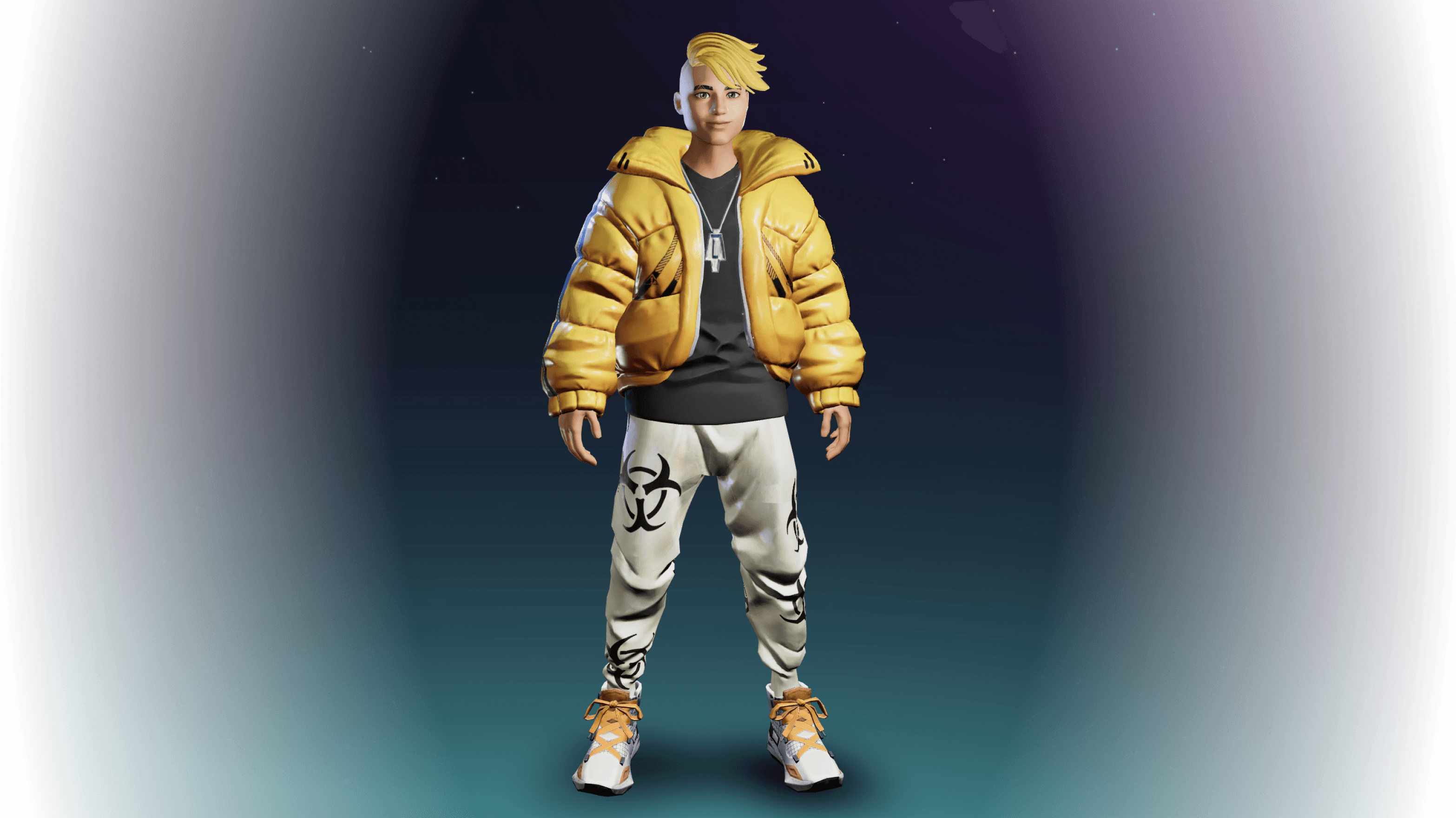 An example of a customised player avatar wearing a yellow puffer jacket, plain black shirt and cream joggers with the biohazard symbol in various places on them. 